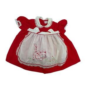 VTG‎ Red Pinafore Kitty Cat Dress Girl Size 12m Polka Dot Embroidery Lace Bow